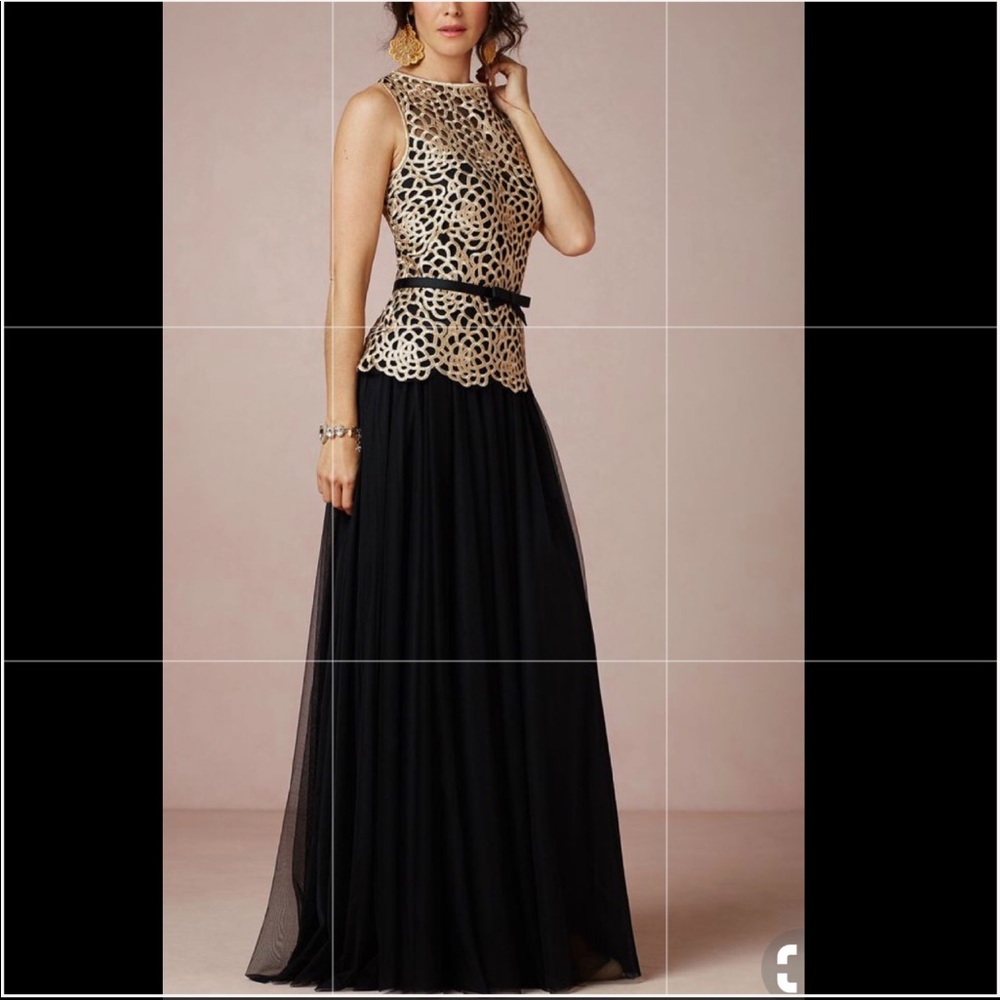 Tadashi shoji taupe lace black tulle dress sz14Q